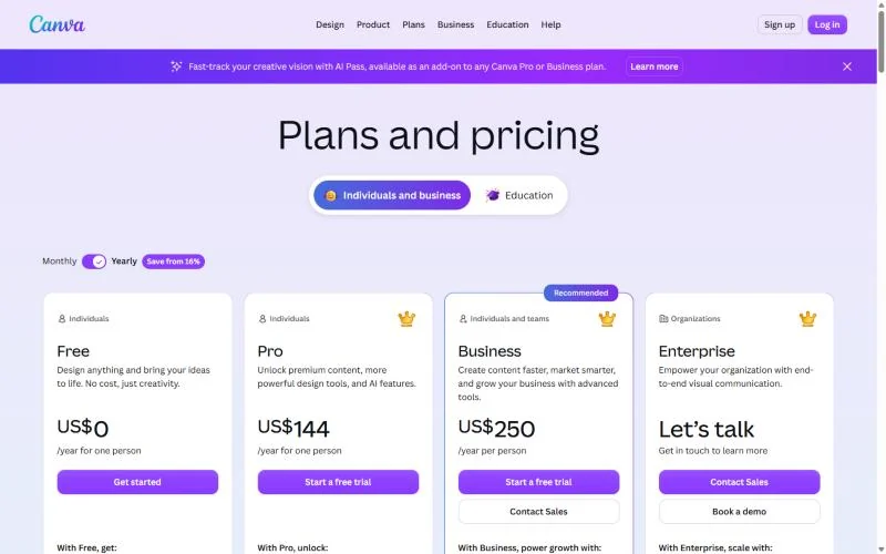 Canva pricing page
