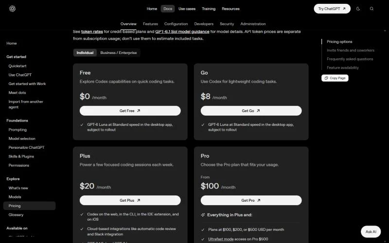 ChatGPT pricing page listing the Free, Go, Plus and Pro plans for individuals