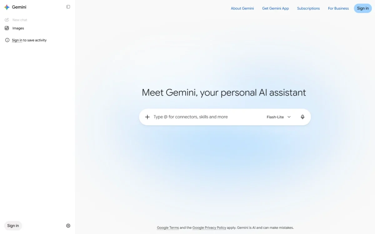 Google Gemini homepage, first screen