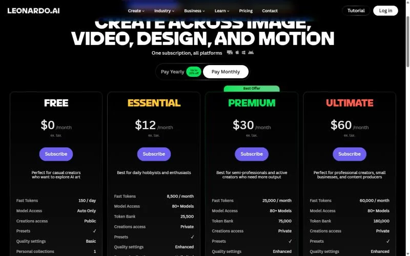Leonardo.Ai pricing page