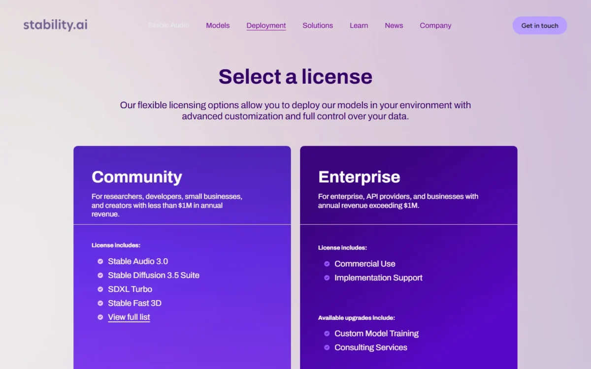 Stability AI license page with the Community and Enterprise licenses