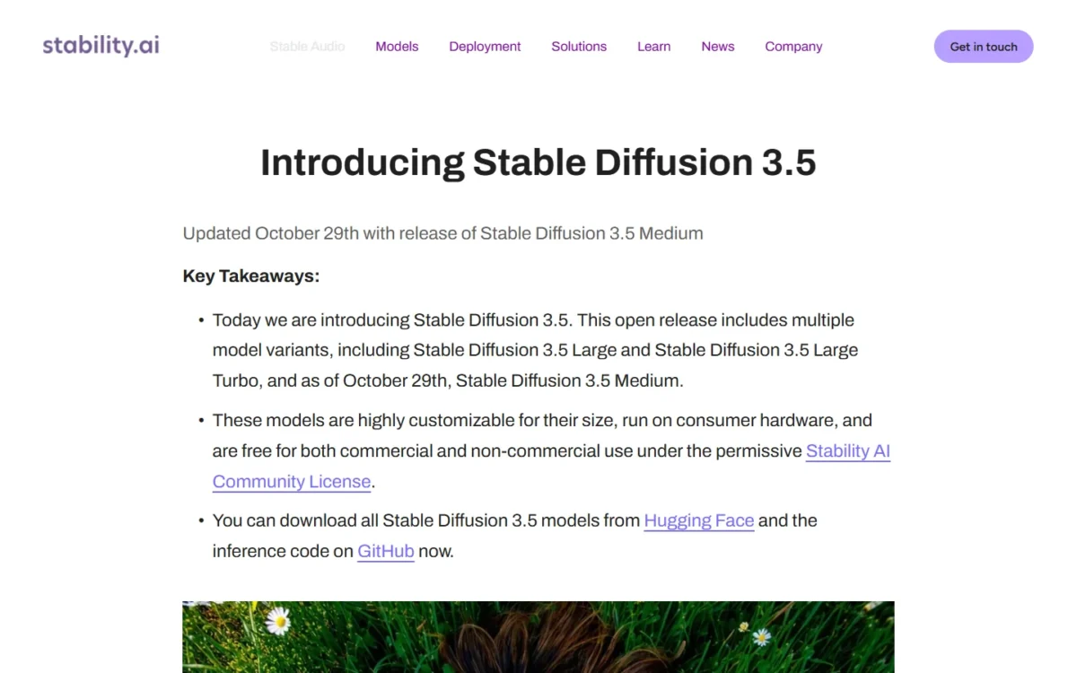 Stability AI's Introducing Stable Diffusion 3.5 page with the release's key takeaways