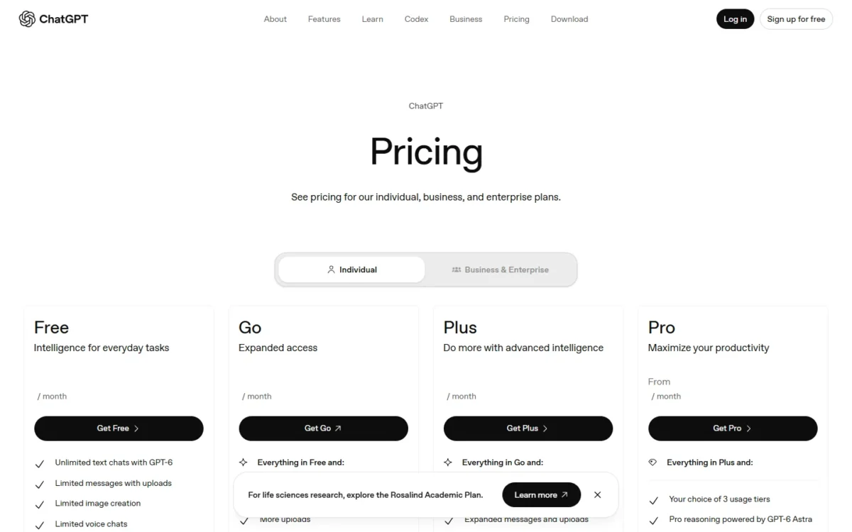 ChatGPT pricing page with the Free, Go, Plus and Pro plan cards