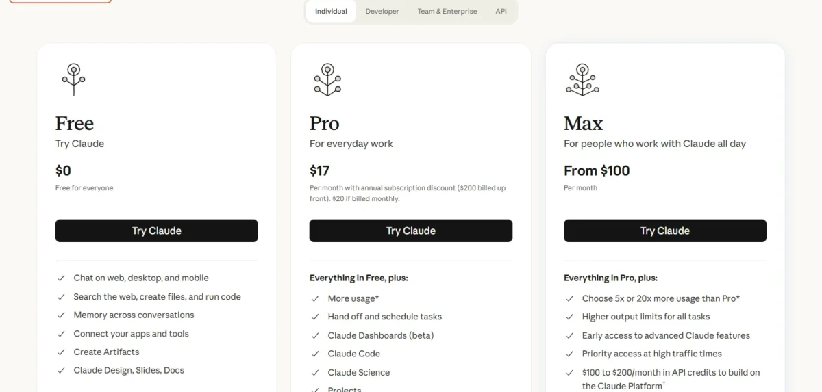 Claude plan cards for Free, Pro and Max