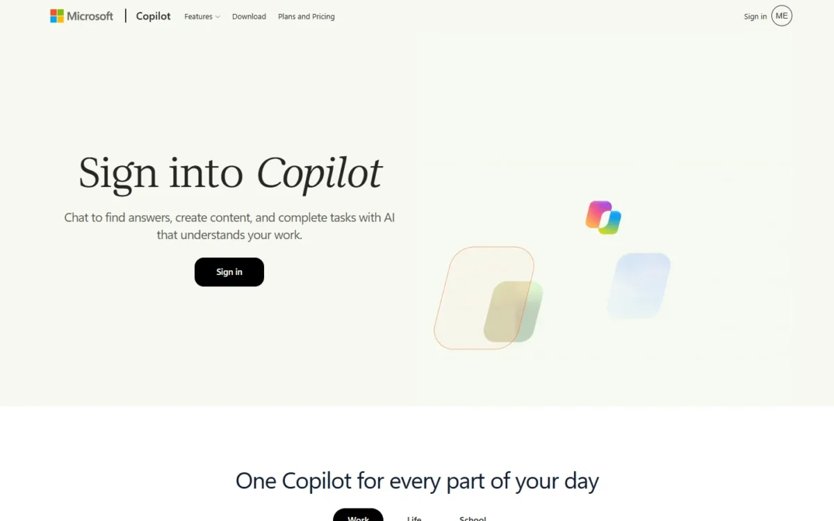 Microsoft Copilot homepage, first screen