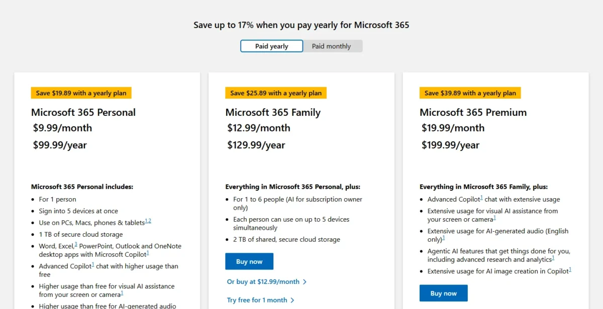 Microsoft 365 plan cards for Personal, Family and Premium with monthly and yearly prices
