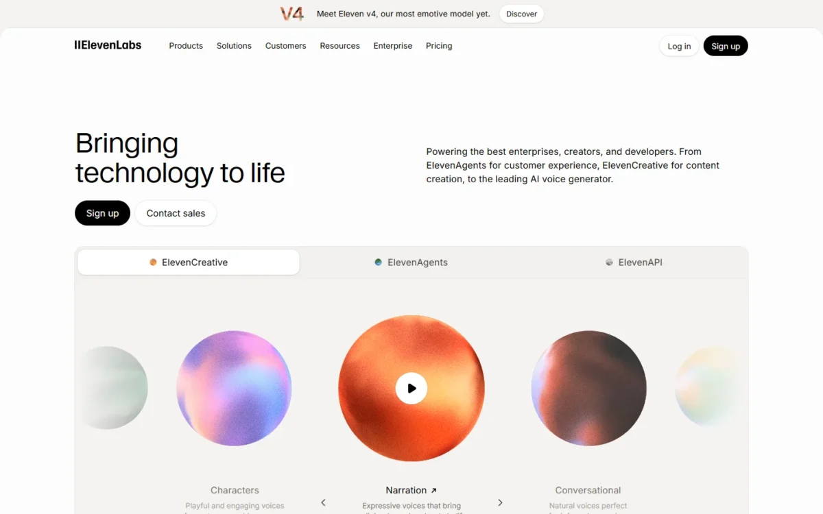 ElevenLabs homepage, first screen