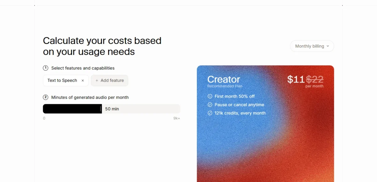 ElevenLabs pricing page cost calculator