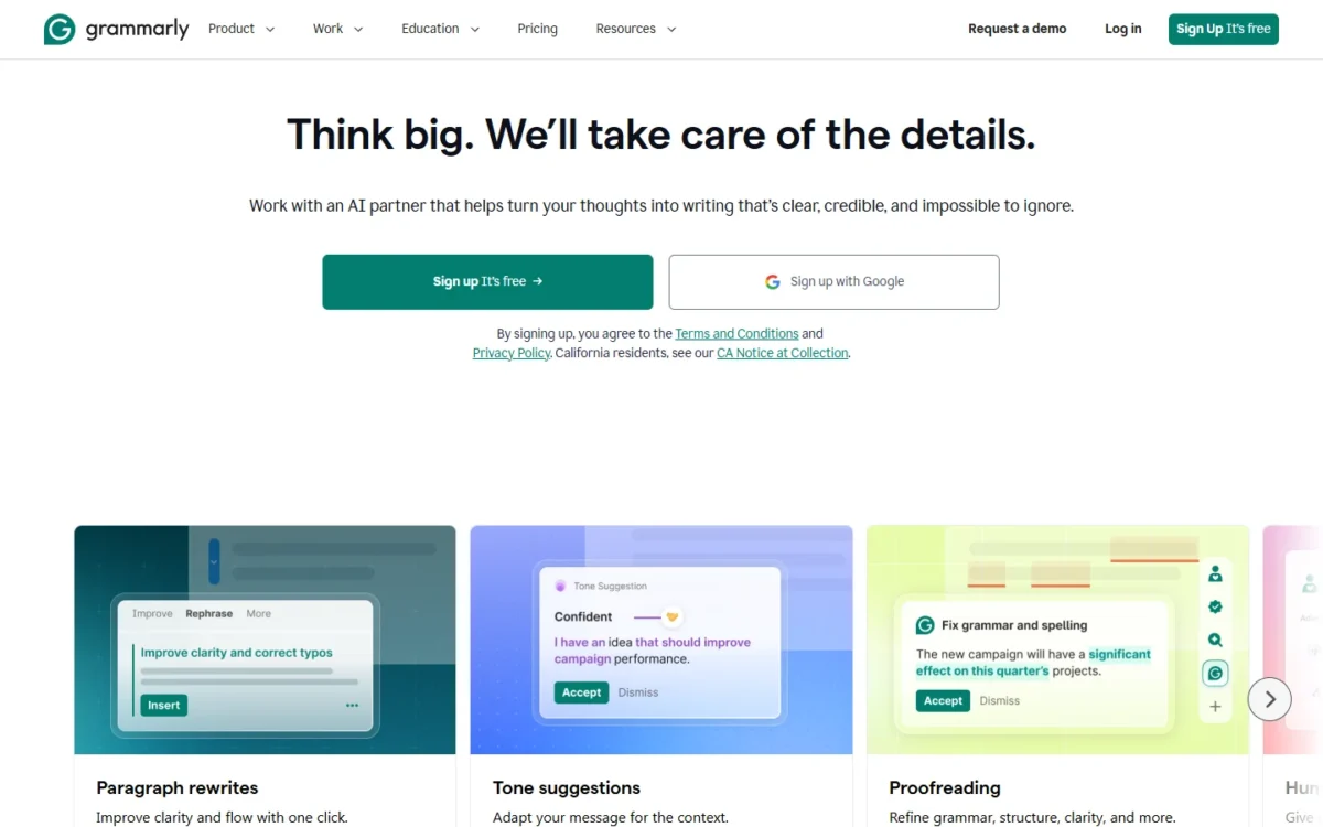 Grammarly homepage, first screen