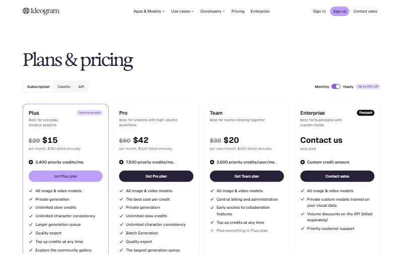 Ideogram pricing page