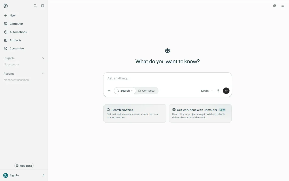 Perplexity homepage, first screen