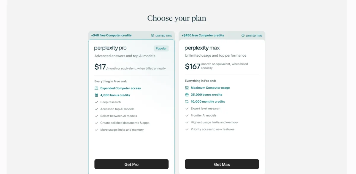 Perplexity Pro and Max plan cards with prices billed annually