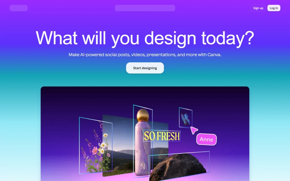 Canva homepage, first screen