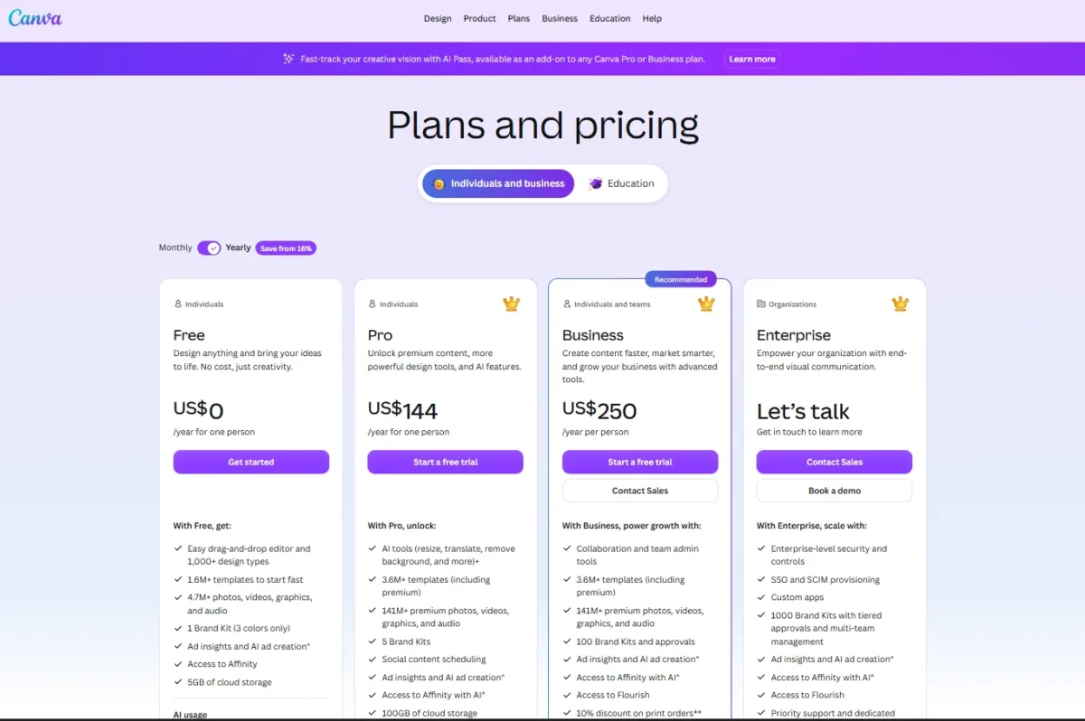Canva pricing page
