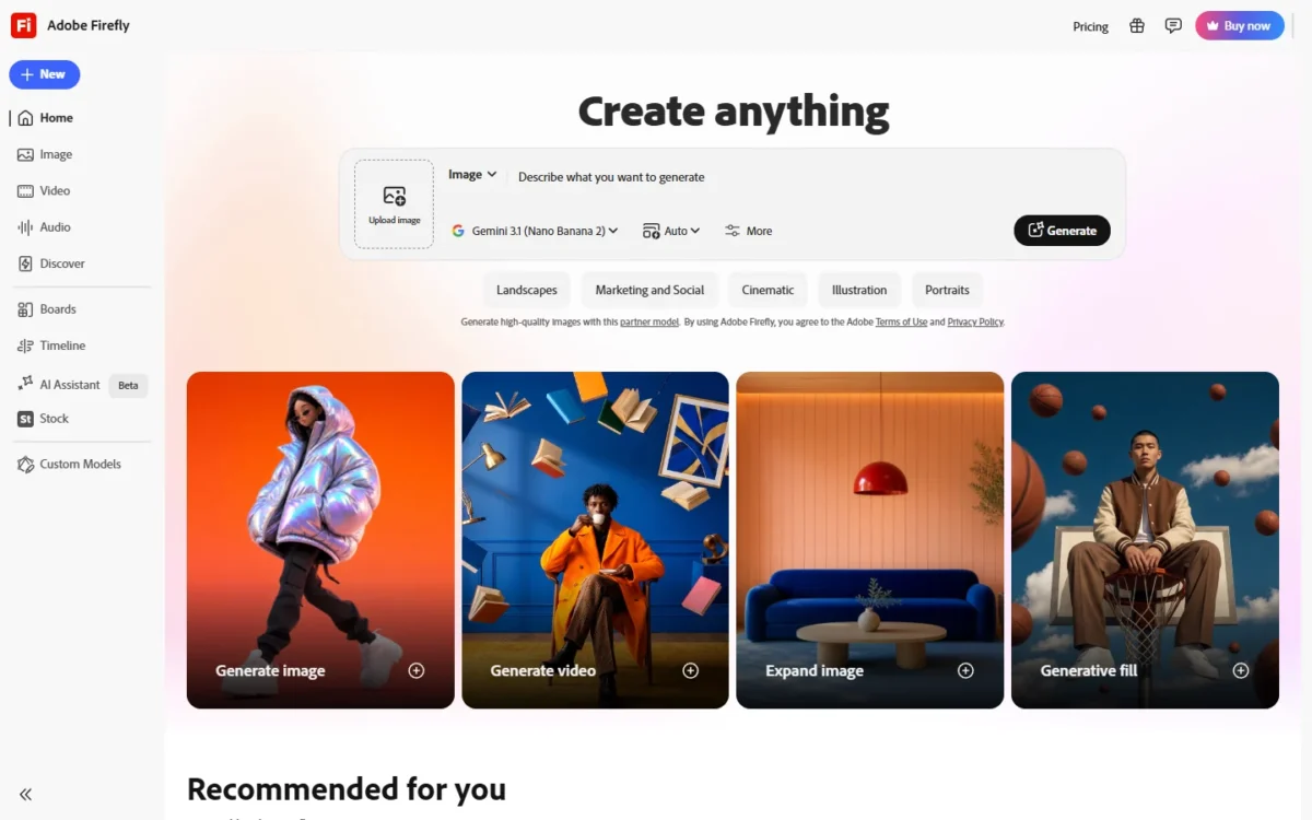 Adobe Firefly homepage, first screen