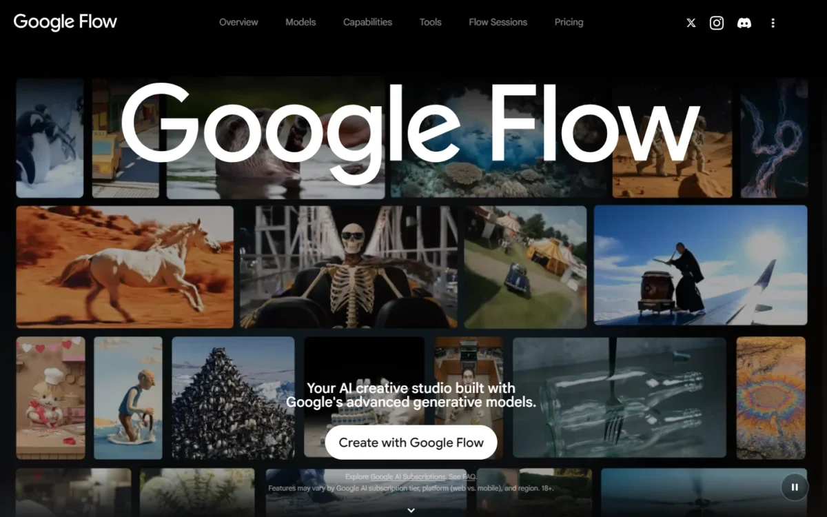 Google Flow homepage, first screen