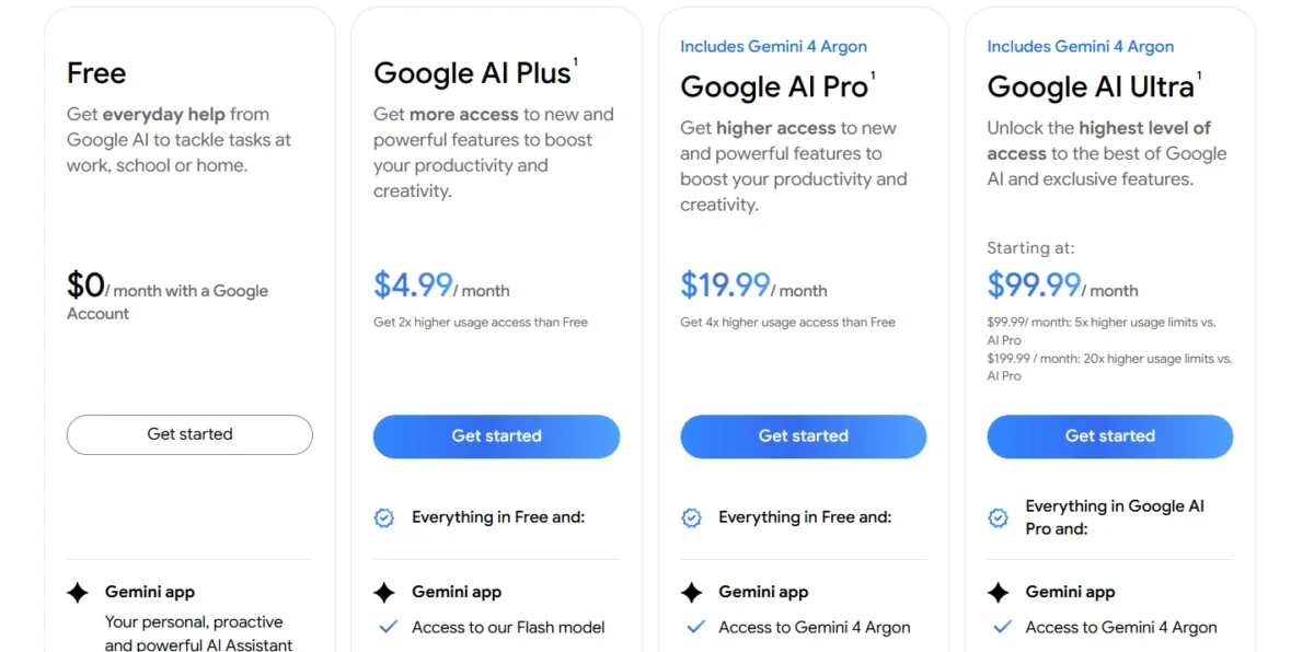 Google AI plans page with the Free, Plus, Pro and Ultra prices