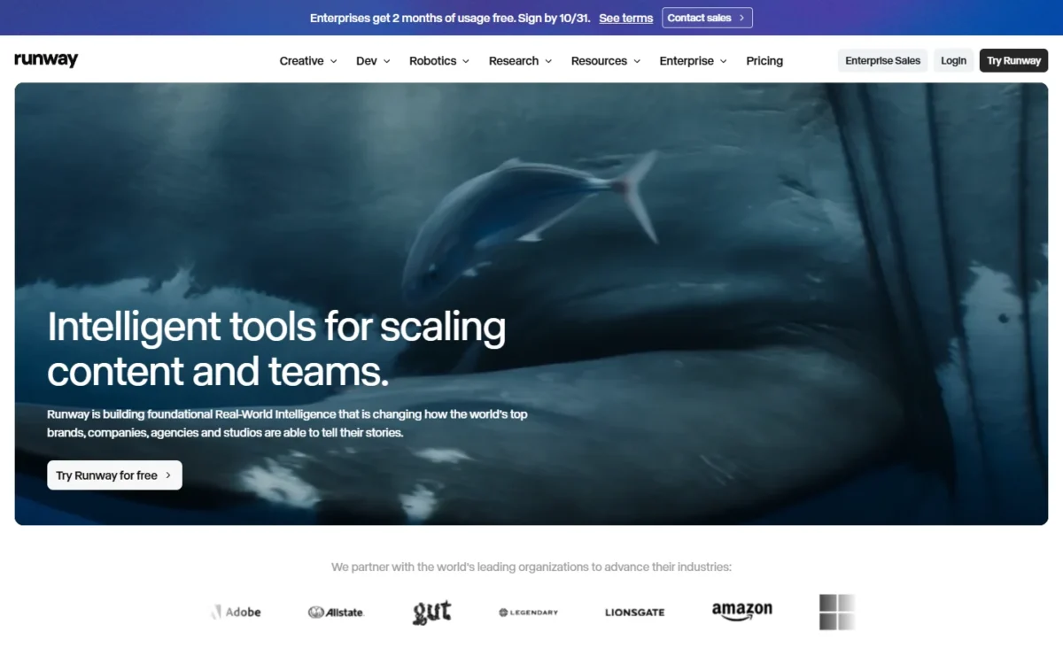 Runway homepage, first screen