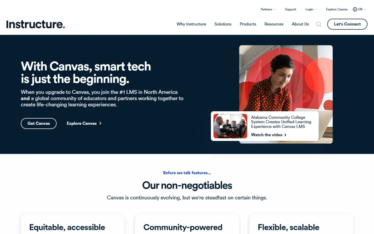 Instructure Canvas LMS homepage, first screen