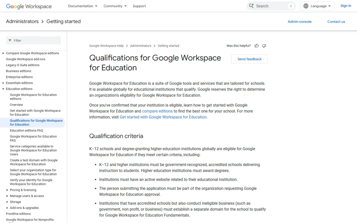 Google page listing the qualification criteria for Google Workspace for Education
