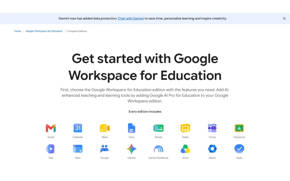 Google Workspace for Education editions page with the apps every edition includes