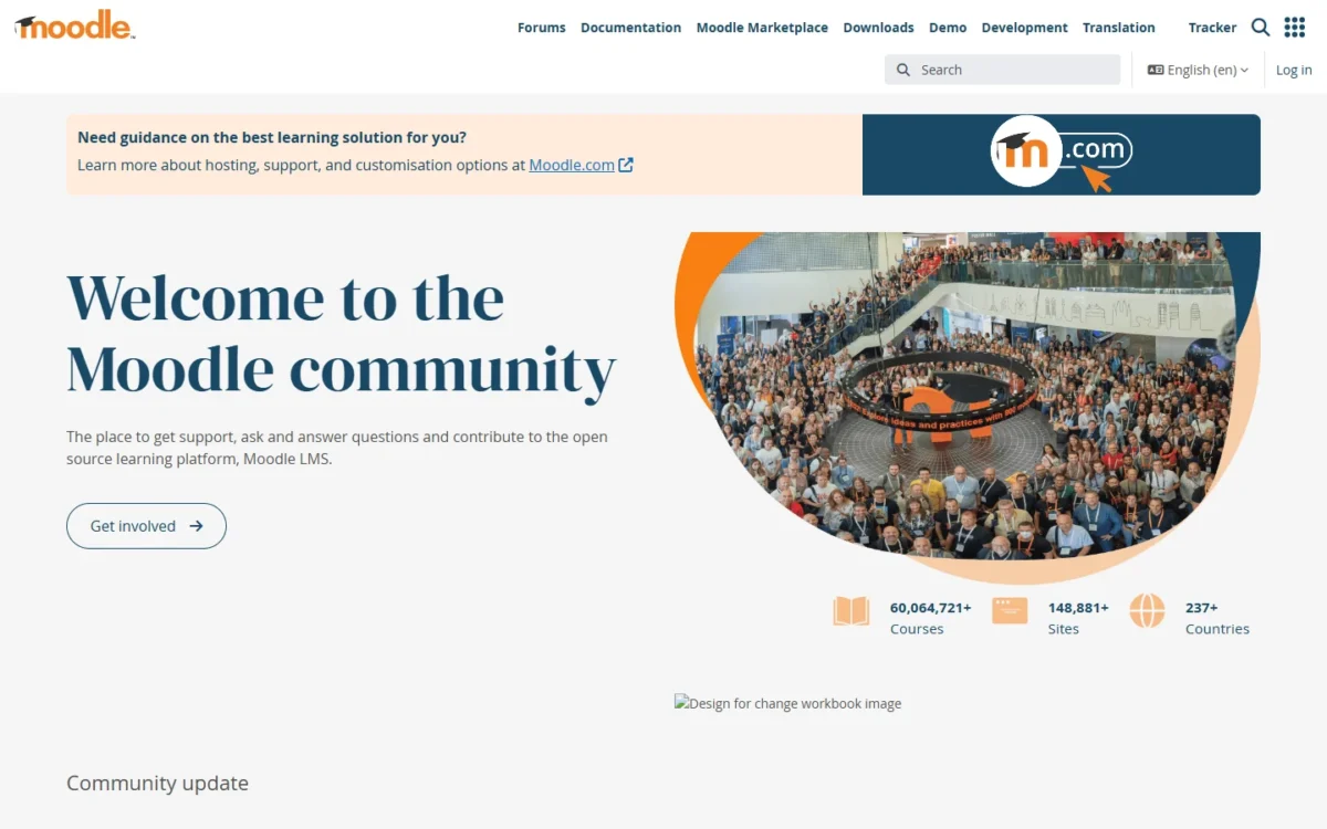 Moodle community homepage, first screen