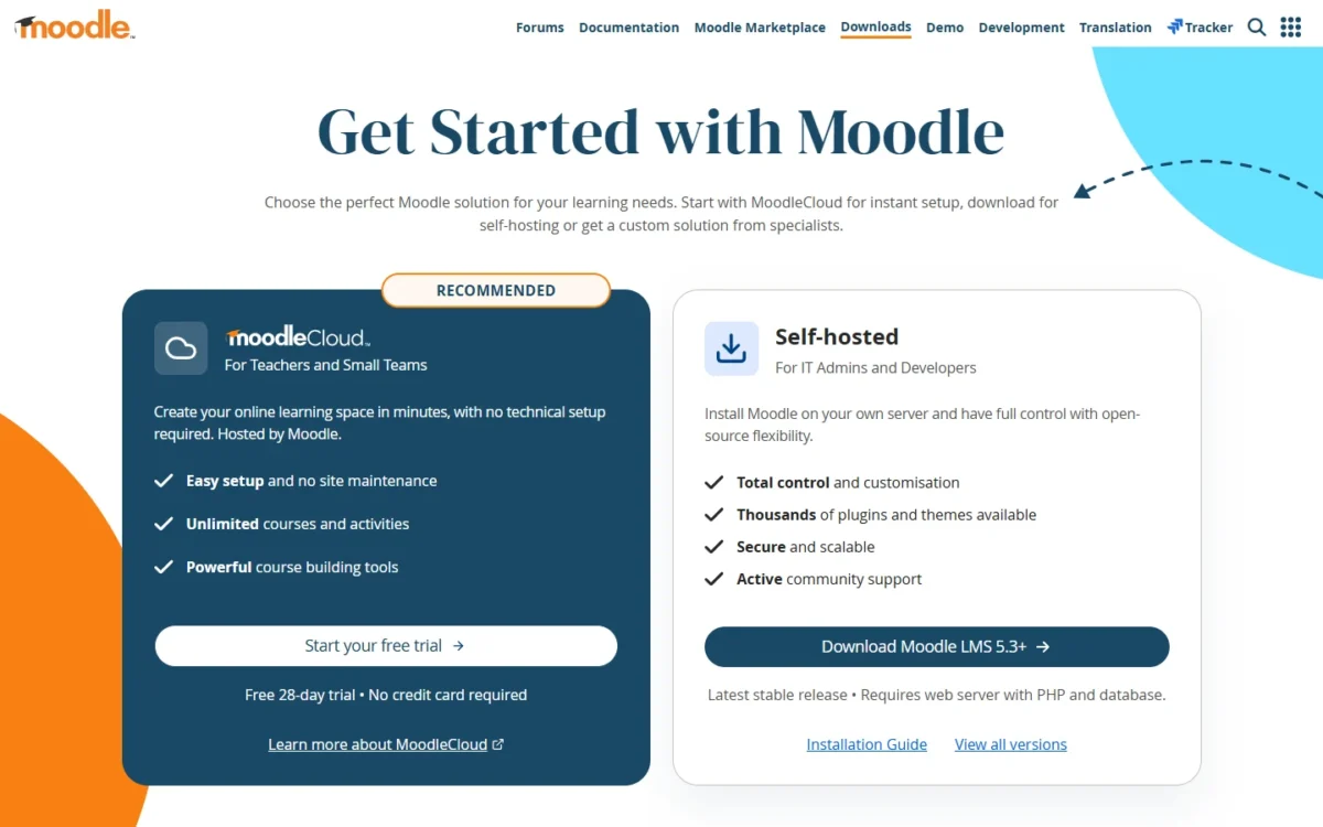 Moodle downloads page with MoodleCloud and the self-hosted download