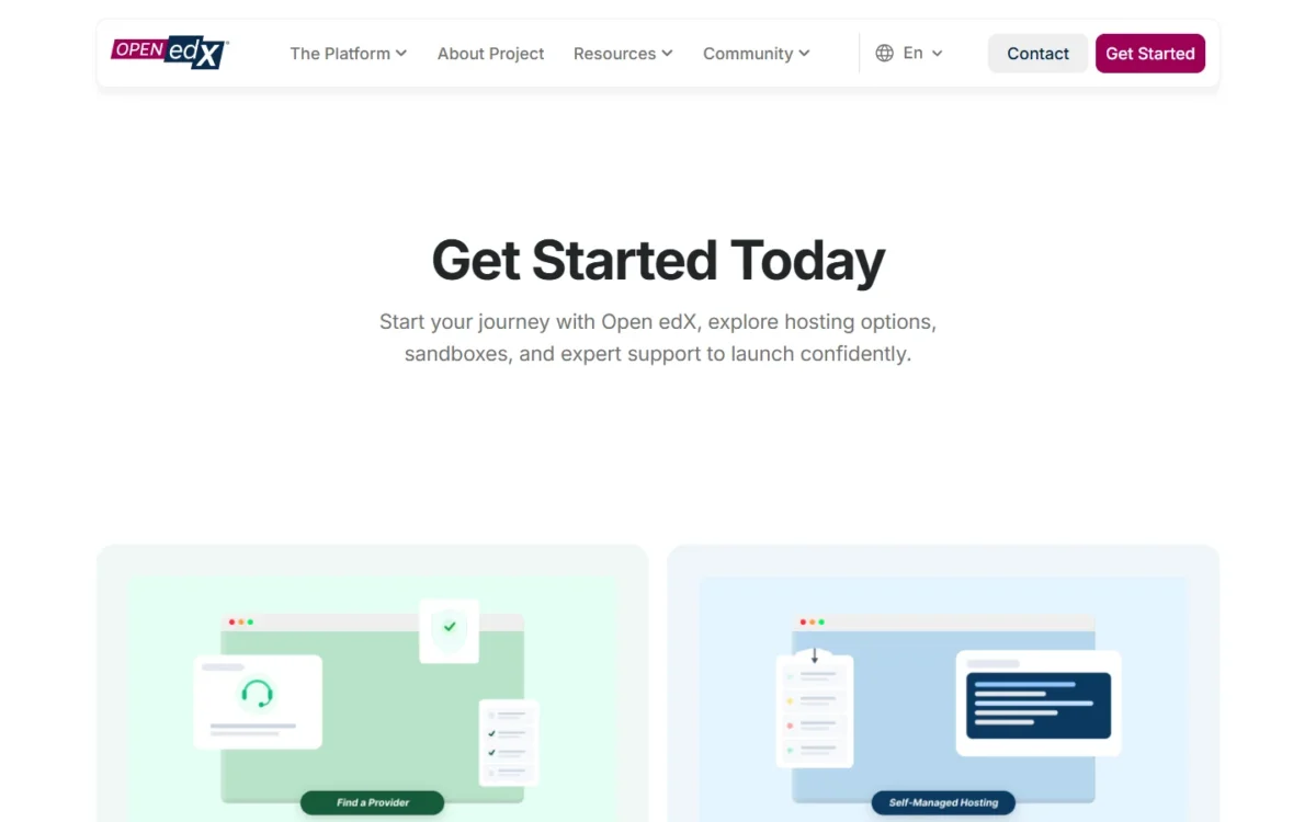Open edX Get Started page with provider and self-managed hosting options