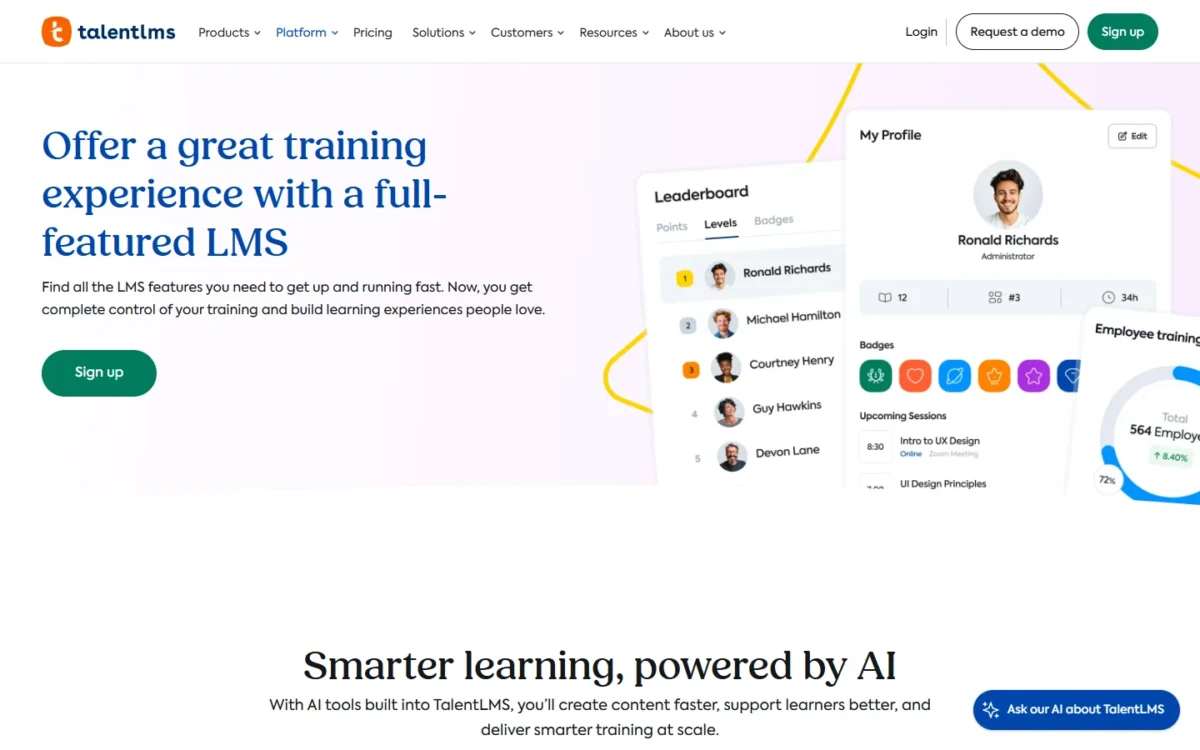 TalentLMS features page with a learner leaderboard and profile, as shown on talentlms.com