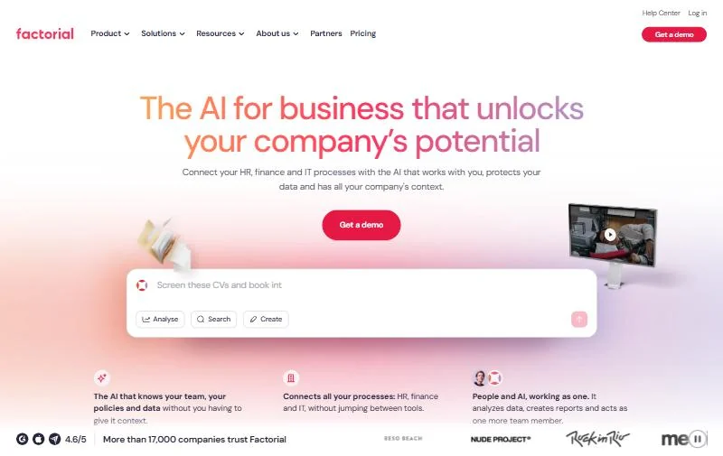 Factorial homepage with its headline, demo button and AI prompt box