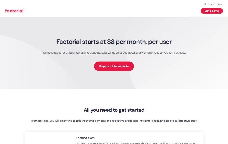 Factorial pricing page with its starting rate and Factorial Core section