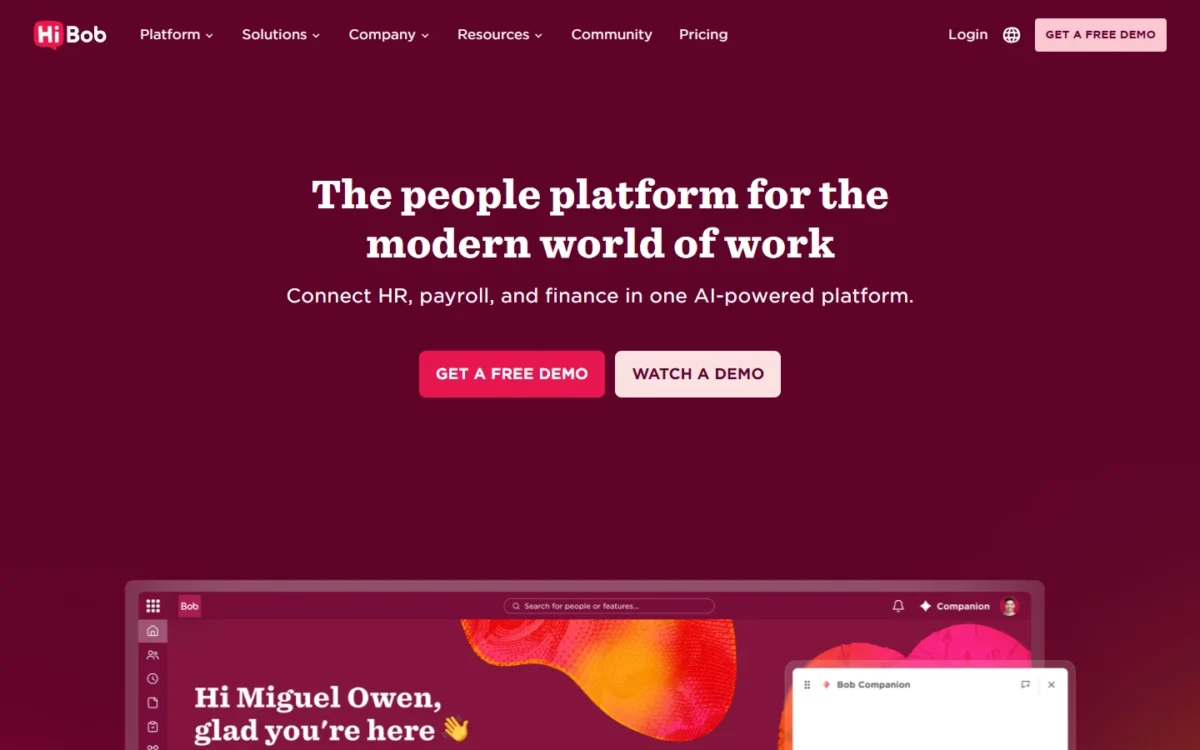 HiBob homepage, first screen