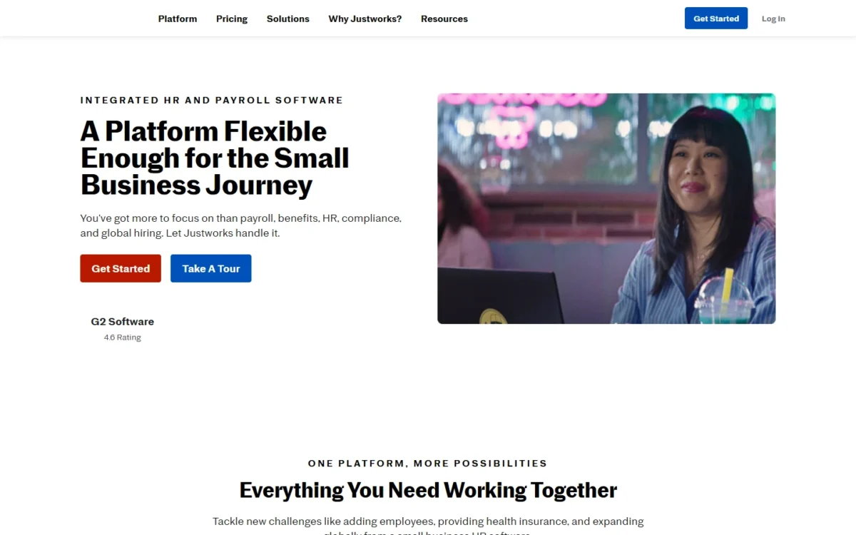 Justworks homepage, first screen