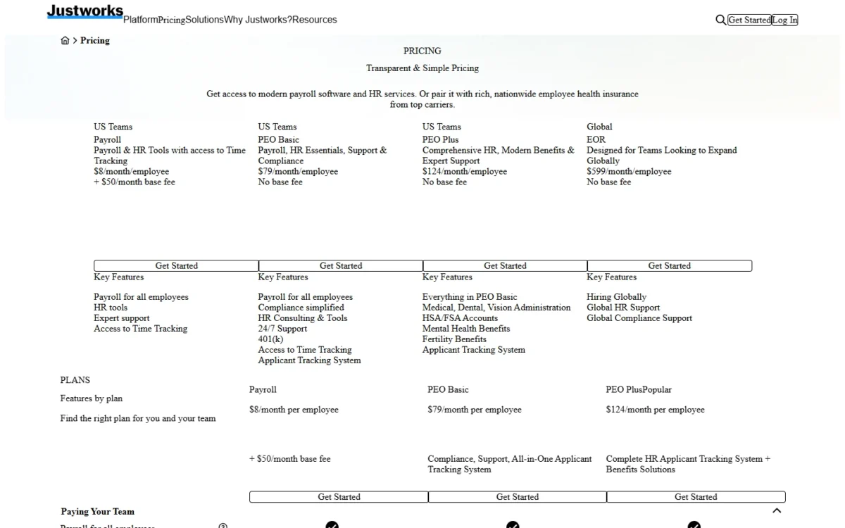 Justworks pricing page with its Payroll, PEO Basic and PEO Plus plans