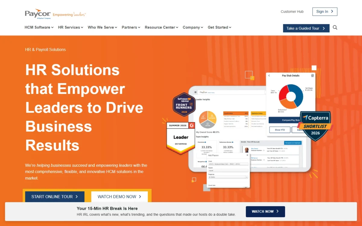 Paycor homepage, first screen
