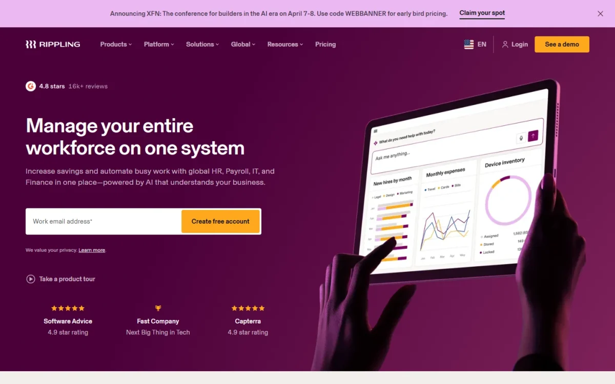 Rippling homepage, first screen