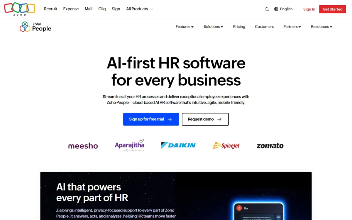 Zoho People homepage, first screen