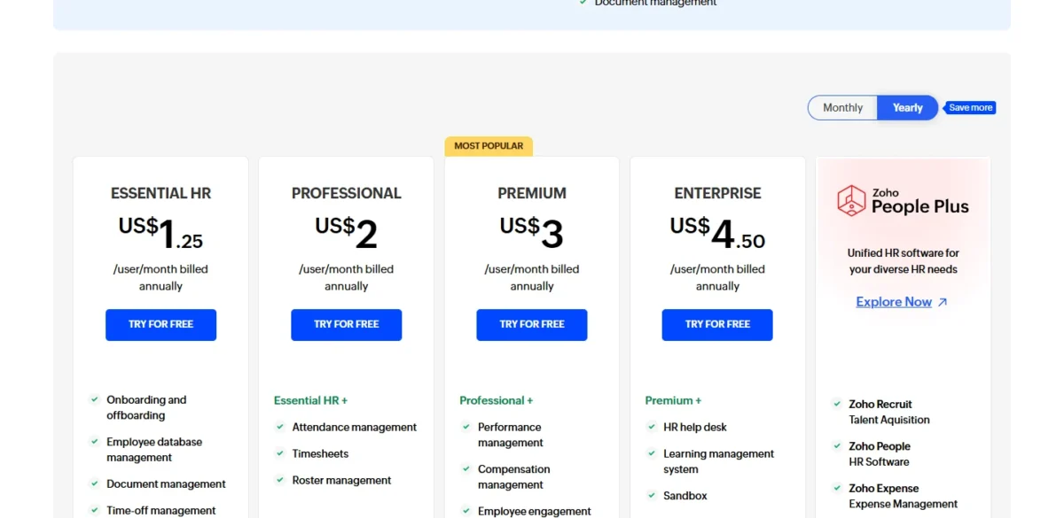 Zoho People pricing page with its four paid editions