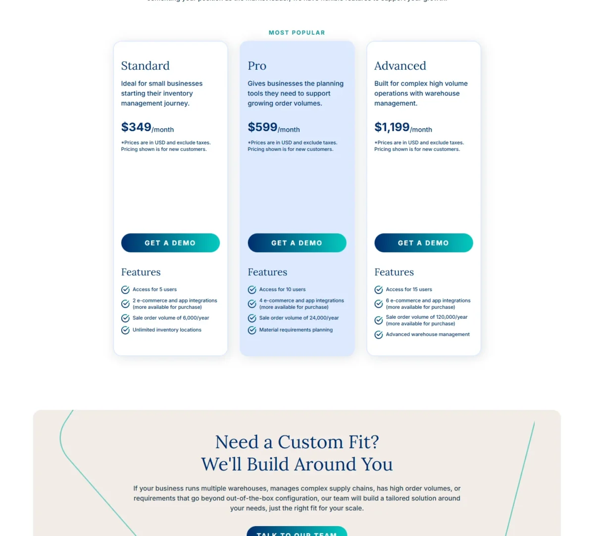 Cin7 Core pricing page, plans and prices