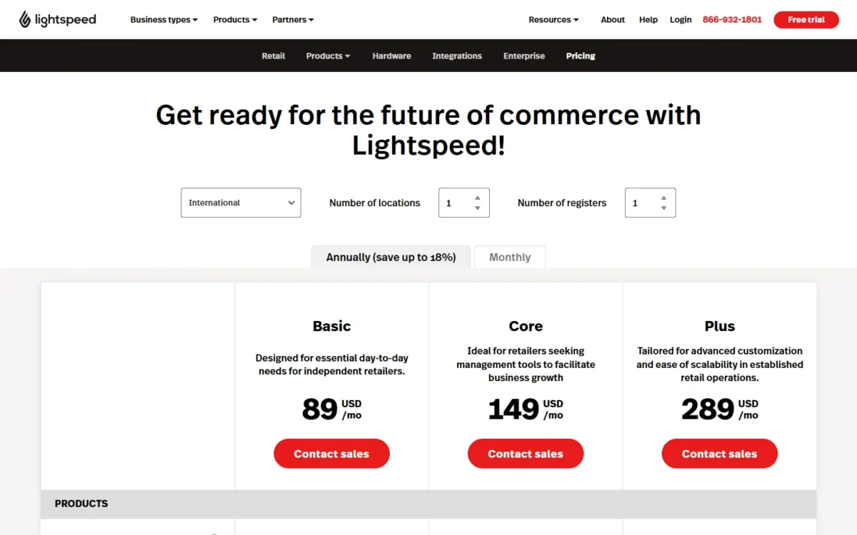 Lightspeed Retail pricing page, first screen