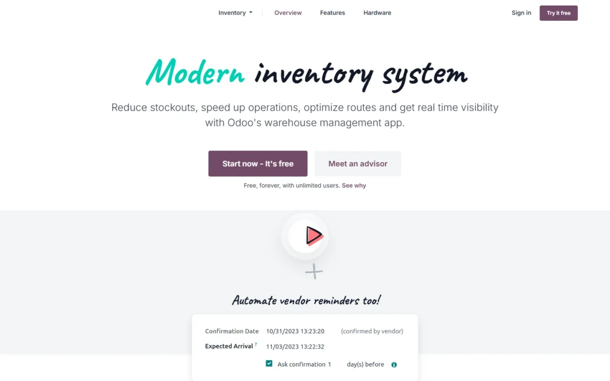 Odoo Inventory homepage, first screen