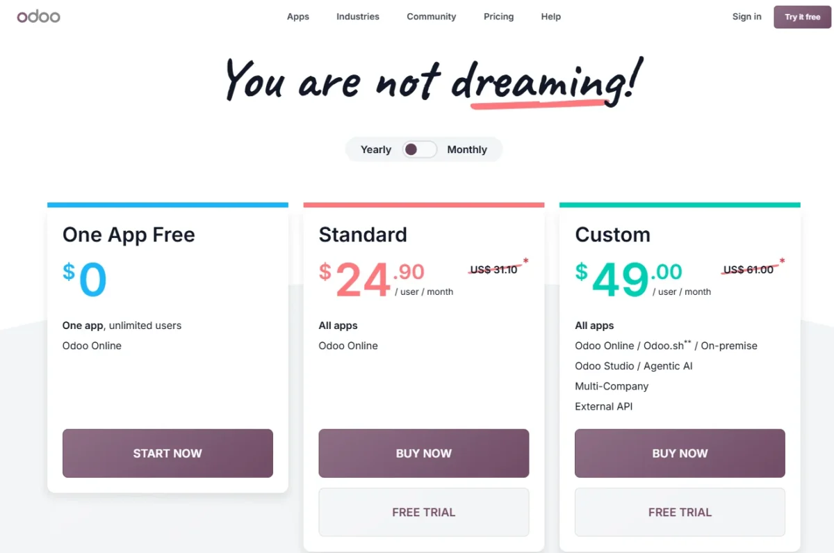 Odoo Inventory pricing page