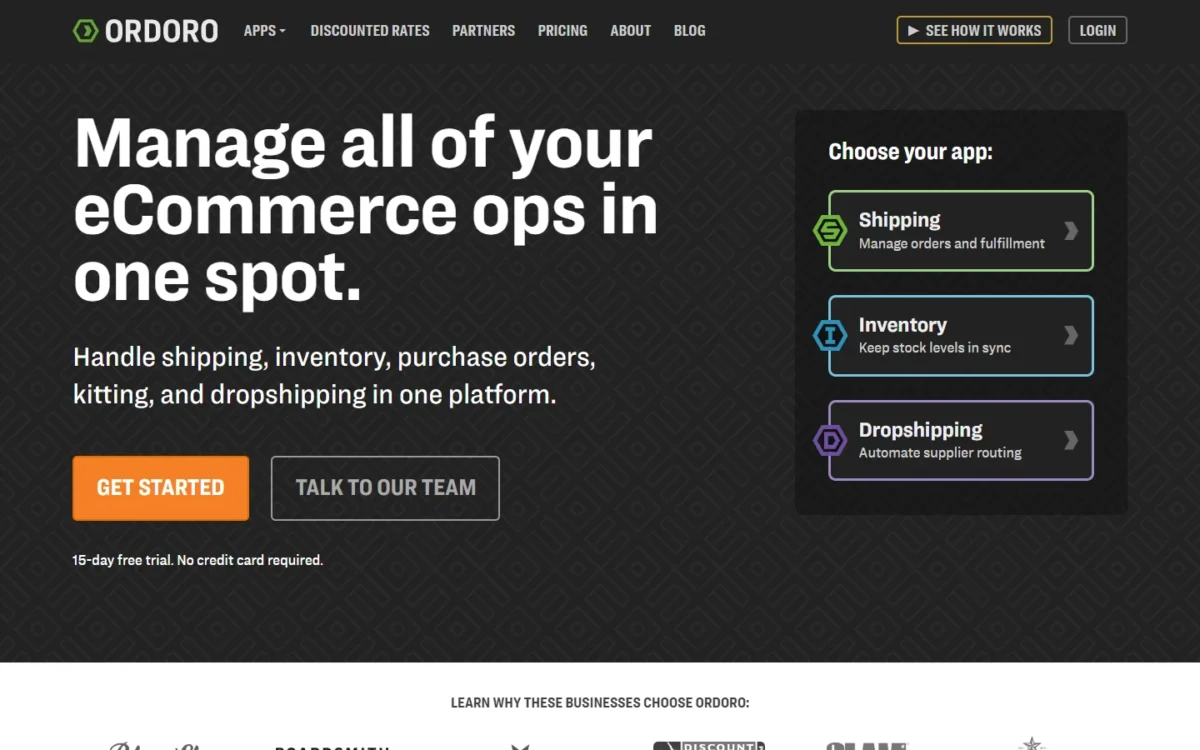 Ordoro homepage, first screen