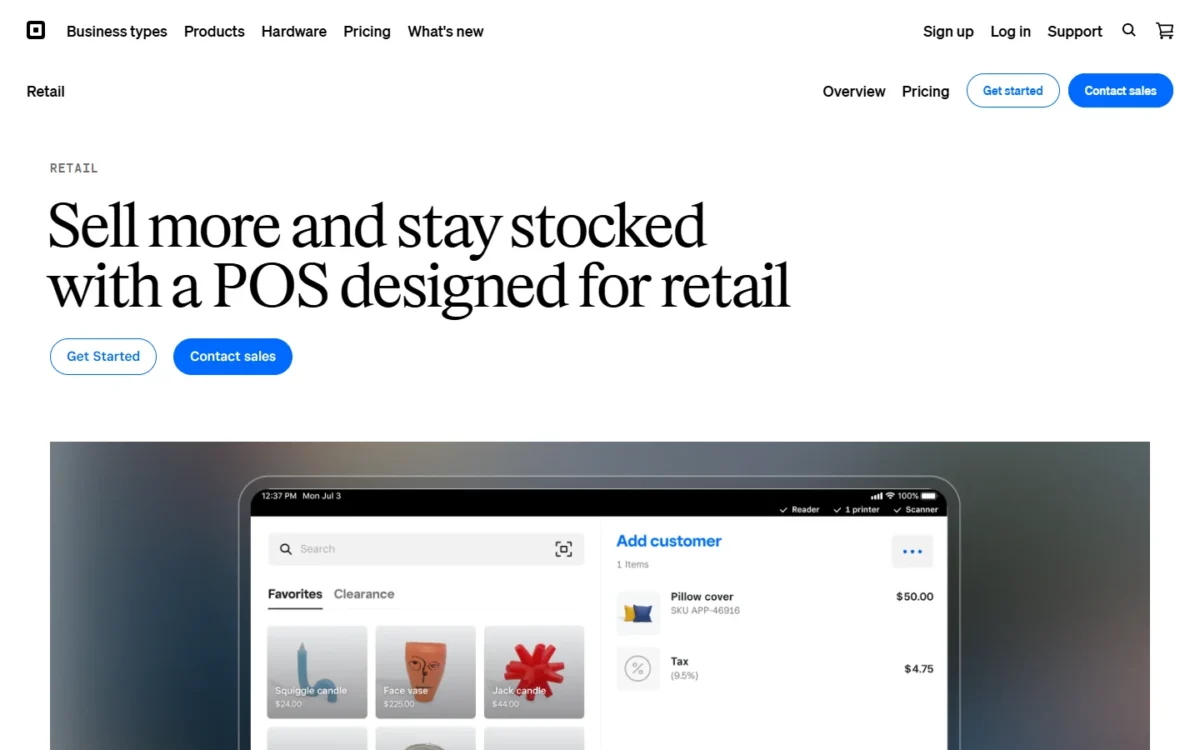 Square for Retail homepage, first screen