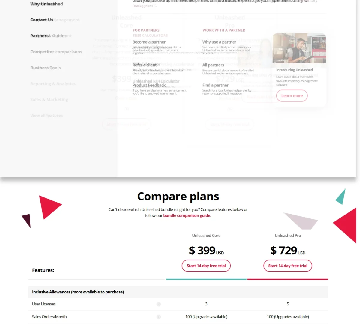 Unleashed pricing page, plans and prices