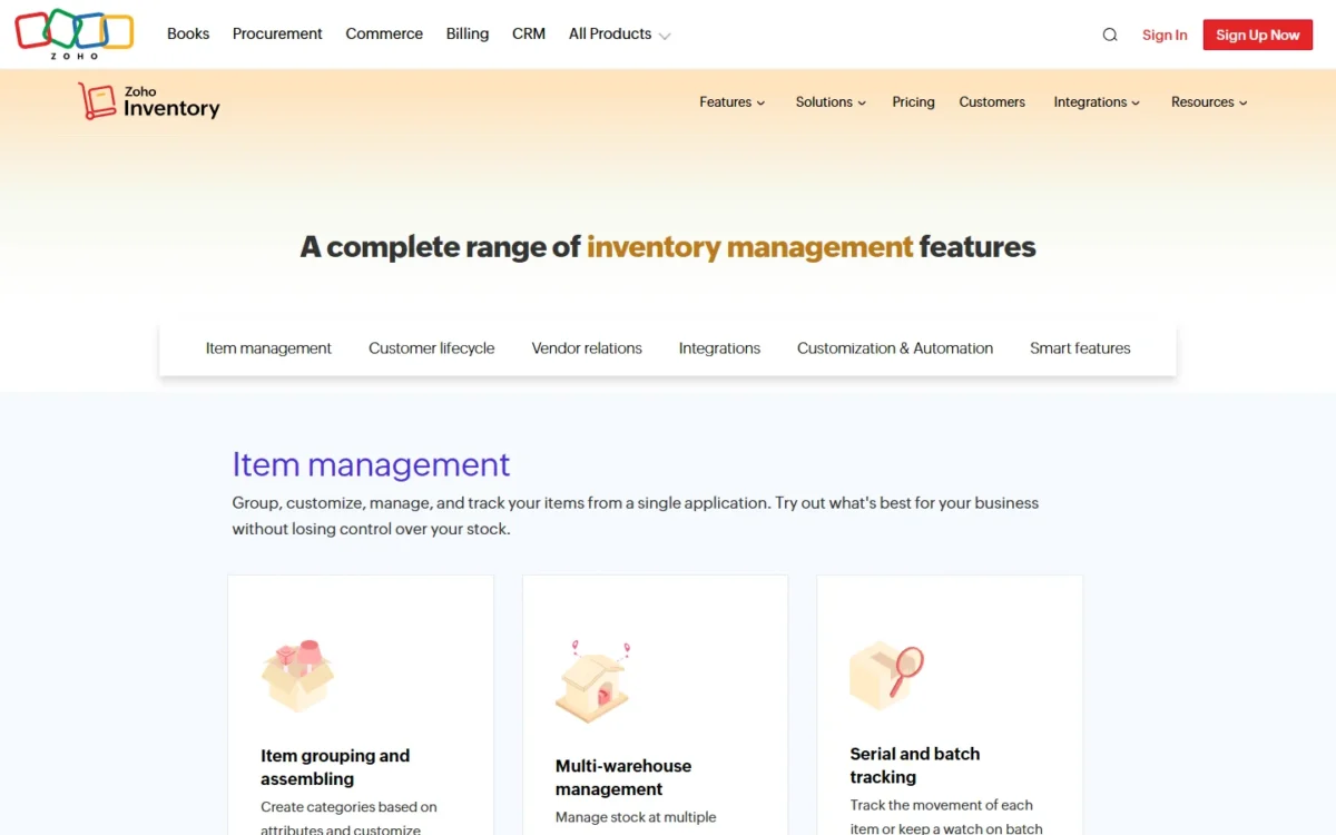 Zoho Inventory features page listing multi-warehouse management and serial and batch tracking