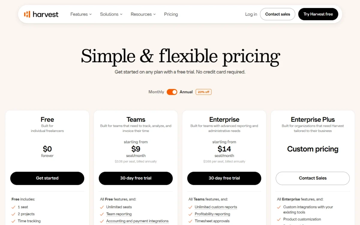 Harvest pricing page