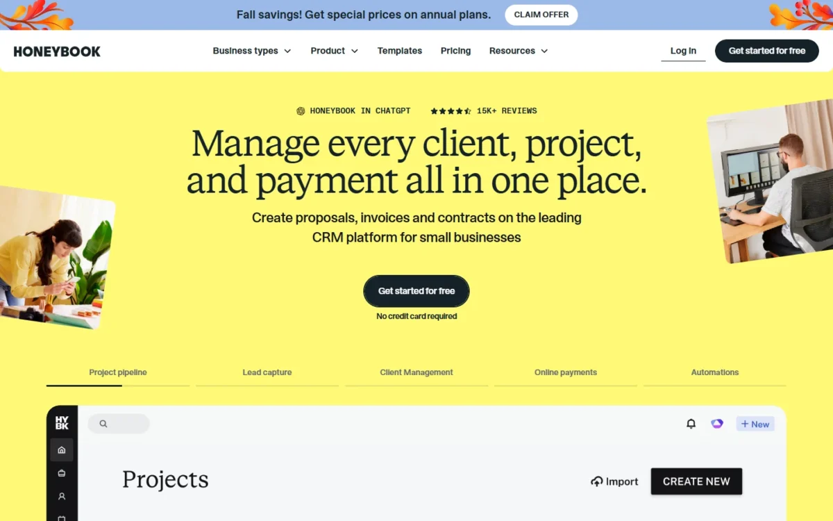 HoneyBook homepage