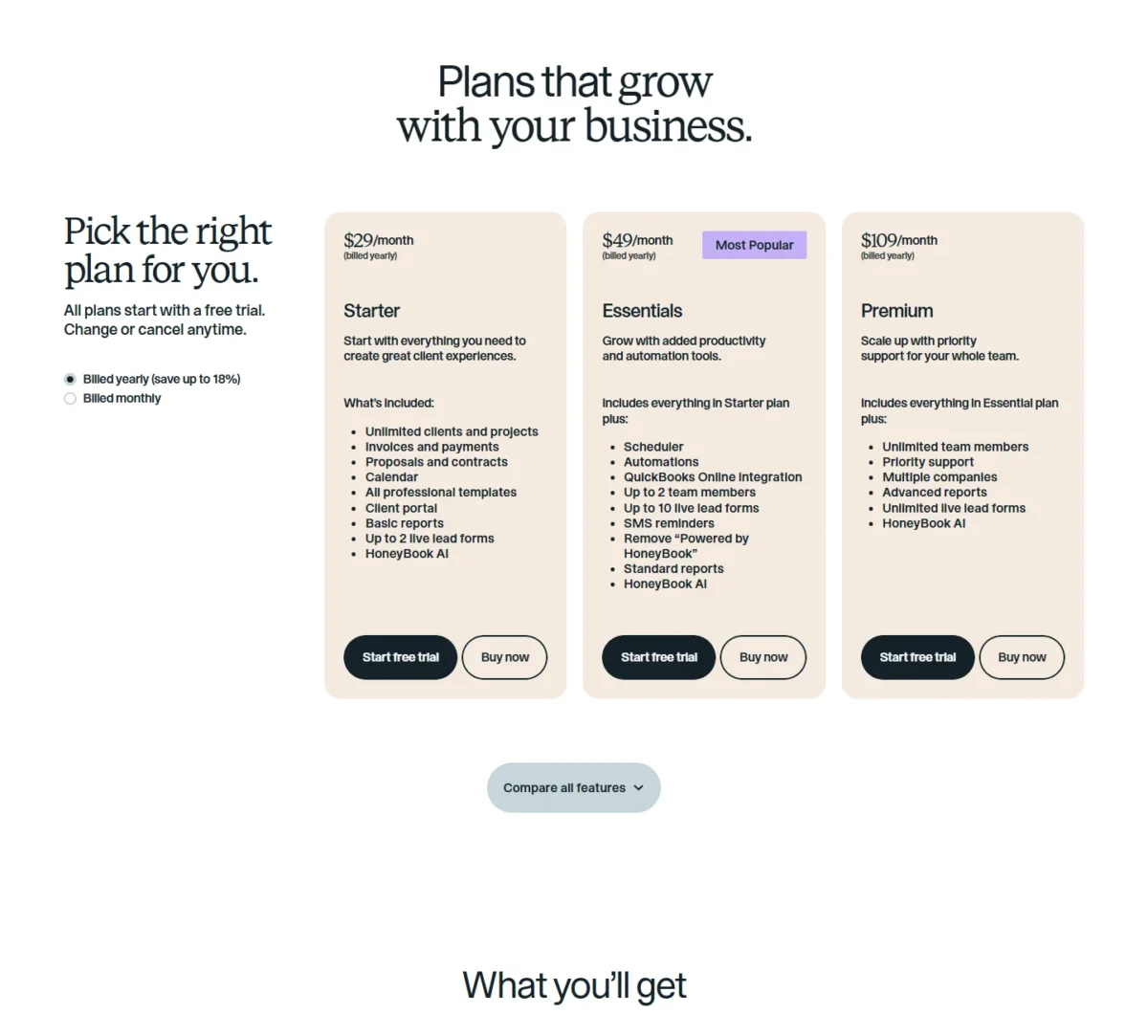 HoneyBook pricing page