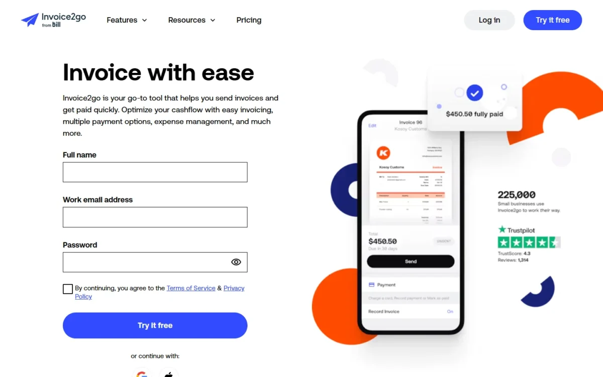 Invoice2go homepage
